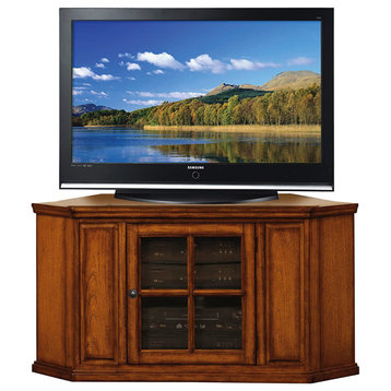 Corner TV Stand, Center Cabinet With Window Style Glass Door, Burnished Wood Oak