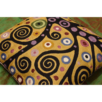 Klimt Tree of Life Yellow Pillow Cover Soulful Hand Embroidered Wool 18x18"