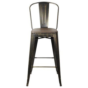 Antique Black High Back Metal Barstools With Dark Wooden Seat, Set of 1