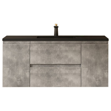 ConceptBaths Edith Wall Mount Bathroom Vanity With Black Top, Cement Grey, 48"