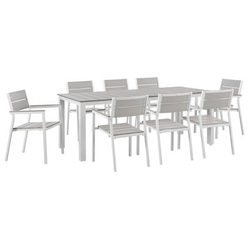 Maine 9-Piece Outdoor Aluminum Dining Set, White Light Gray
