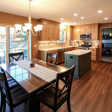 Two Tone Kitchen w/ Eucalyptus Green Island, Beige Quartz Countertops, Wine Bar