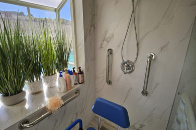Diseño de cuarto de baño único con ducha a ras de suelo, ducha abierta y lavabo tipo consola