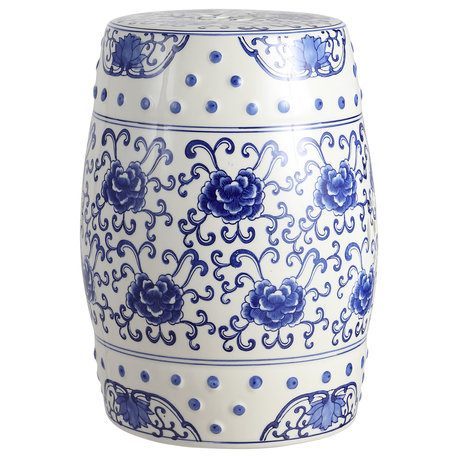 Lotus Flower 17.8" Ceramic Drum Garden Stool, Blue and White