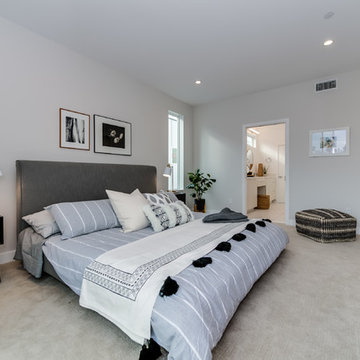 B&W Bedding, Gray Headboard Tassel Bedding, Black Nightstands