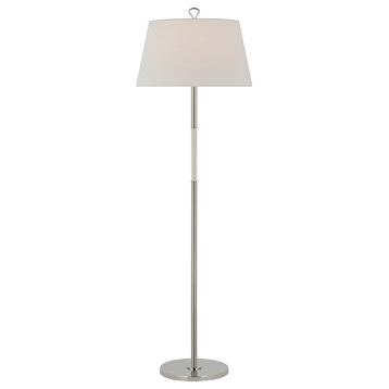 Griffin Large Floor Lamp in Polished Nickel and Parchment Leather with Linen Sha