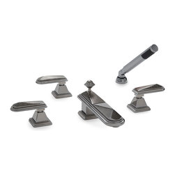 Hammered Pyramid Lever Deck Mount Tub Set with Cylindrical Hand Shower - Bathtub Faucets