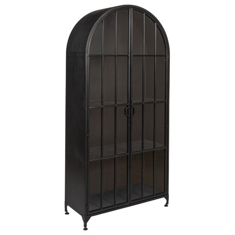 Metal and Glass Cabinet With Arched Doors and 3 Shelves, Black