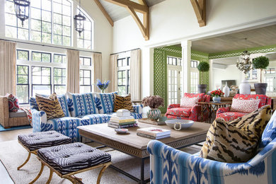 Inspiration for a large eclectic formal and open concept brown floor living room remodel in Chicago with white walls and no tv