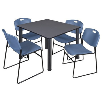 Kee 48" Square Breakroom Table, Gray/ Black and 4 Zeng Stack Chairs, Blue