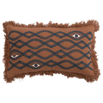 Cotton Pillow with Embroidery, Eyes and Fringe, Multicolor