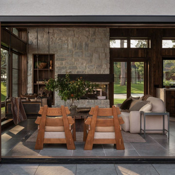 Antique Elm Paneling and Ceiling in Modern Lakehouse Four Seasons Porch