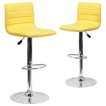 Contemporary Yellow Vinyl Adjustable Height Barstools With Chrome Base, Set of 2