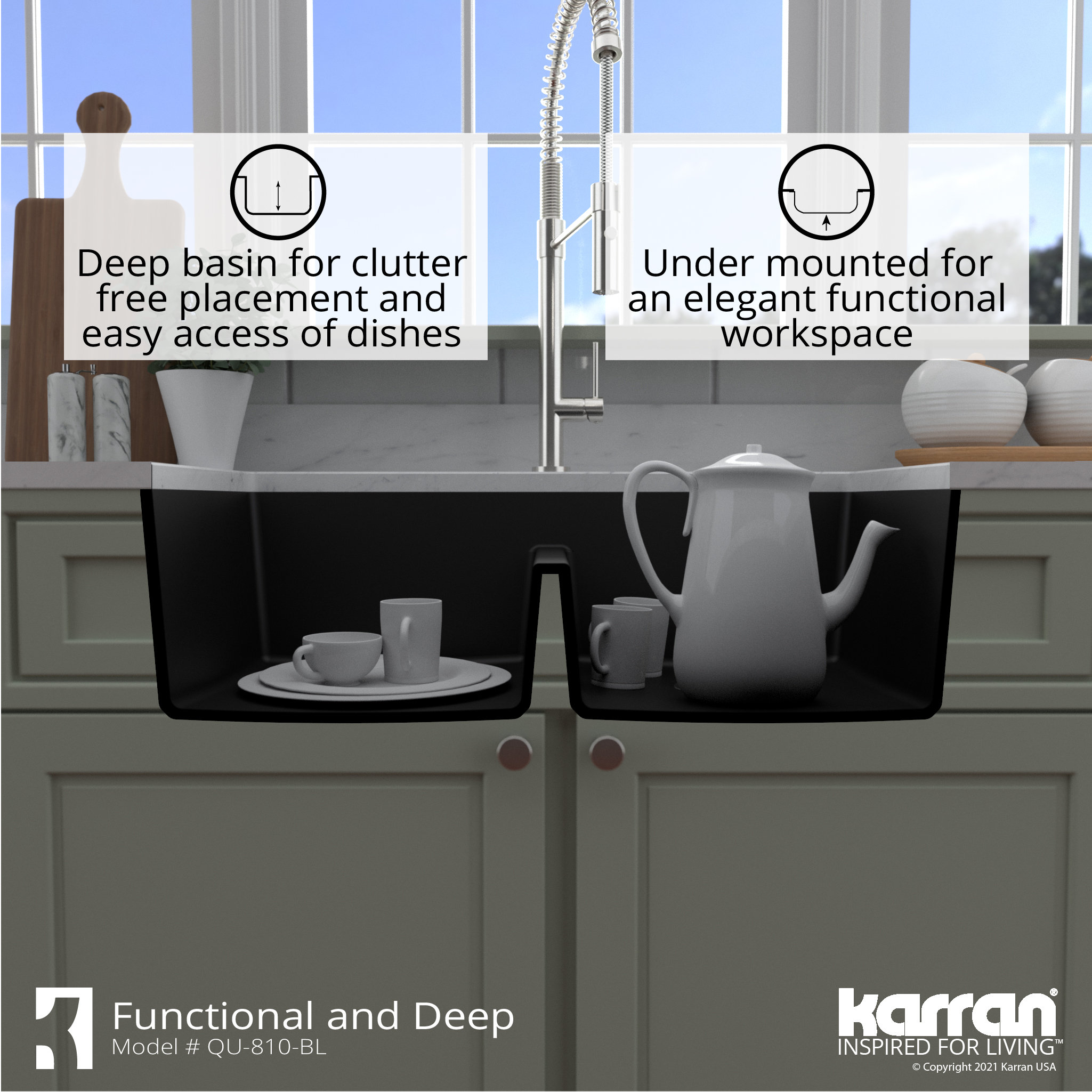 Karran 32" Undermount Double Bowl 50/50 Quartz Kitchen Sink Kit, Black