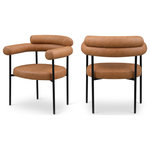 Meridian Furniture - Blake Upholstered Dining Chair, Cognac, Vegan Leather, Matte Black, Set of 2 - A back-hugging feel ensures this Blake cognac vegan leather diner chair quickly becomes your home's most coveted seat. Upholstered on the curved seat back and cushion with soft cognac vegan leather, this chair keeps guests comfortable from the start of the meal to its finish. An iron metal frame ensures sturdy support for guests, while the contemporary design makes it an easy fit with the table of your choice.