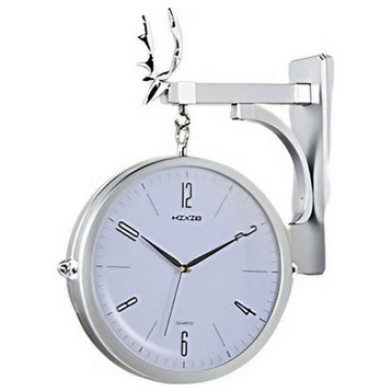 Double Sided Mount Round Station Wall Clocks, Metal Frame, Silver Cover, White l
