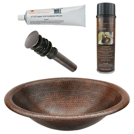 17" Oval Self Rimming Hammered Copper Bathroom Sink, Drain & Accessories