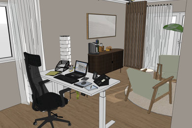 Modernes Arbeitszimmer mit Arbeitsplatz, beiger Wandfarbe, hellem Holzboden und freistehendem Schreibtisch