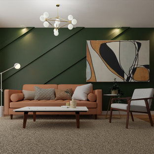 Kleines, Abgetrenntes Mid-Century Wohnzimmer mit grüner Wandfarbe, Teppichboden, beigem Boden und Wandpaneelen in Sonstige