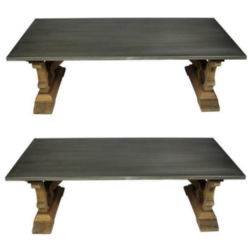 Home Square Solid Wood Cocktail Table with Zinc Top in Natural - Set of 2