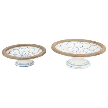 Wood and Metal Decorative Bowls on Pedestals With Blue Designs