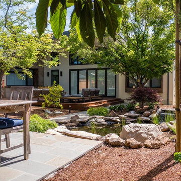 Backyard with pond and sport court