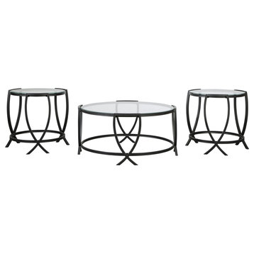 Benzara BM213280 Round Table Set With Glass Top and Geometric Metal Body, Black