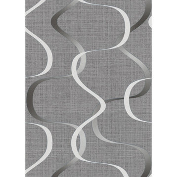 Textured Wallpaper With Geometric Waves, 10244-15, Gray White Black, 1 Roll