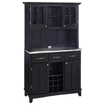 Spacious Buffet Cabinet With Hutch, Grid Wine Rack & Stainless Steel Top, Black
