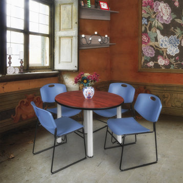 Kee 36" Round Breakroom Table- Cherry/ Chrome & 4 Zeng Stack Chairs- Blue