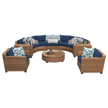 Bowery Hill 8 Piece Traditional Wicker/Fabric/Glass Patio Sofa Set in Blue