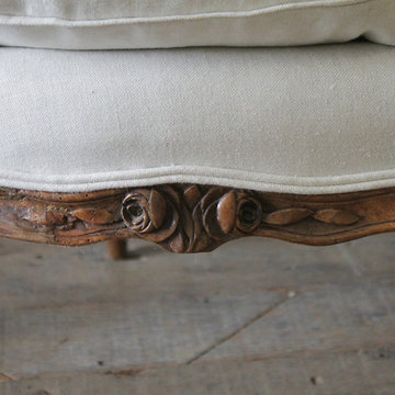 19th Century Carved Walnut Louis XV Style French Sofa Upholstered Belgian Linen