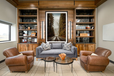 Home office - large rustic built-in desk carpeted home office idea in Other with beige walls