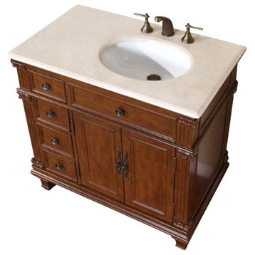 36 Inch Single Sink Bathroom Vanity, Brown, Cream Marble, Sink on Right