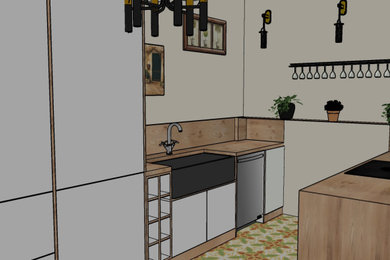 Cette image montre une cuisine ouverte parallèle, encastrable et blanche et bois minimaliste de taille moyenne avec un évier posé, des portes de placard blanches, un plan de travail en bois, une crédence en bois et carreaux de ciment au sol.