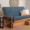 Caleb Frame Futon With Butternut Finish, Storage Drawers, Suede Blue
