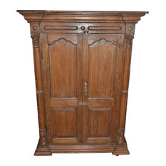 Mogul Interior - Consigned Antique Rustic Cabinet Distressed Doors Wardrobe Storage - Armoires and Wardrobes