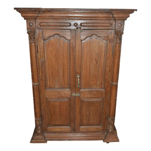 Mogul Interior - Consigned Antique Rustic Cabinet Distressed Doors Wardrobe Storage - Armoires And Wardrobes