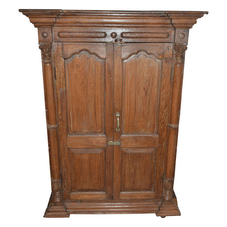 Mogul Interior - Consigned Antique Rustic Cabinet Distressed Doors Wardrobe Storage - Armoires And Wardrobes