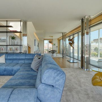Living Room with Blue Sectional Sofa and City View, Lisbon