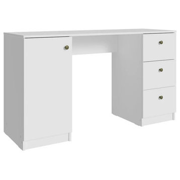 Modern Desk, Spacious Rectangular Top With Drawers & Single Door Cabinet, White