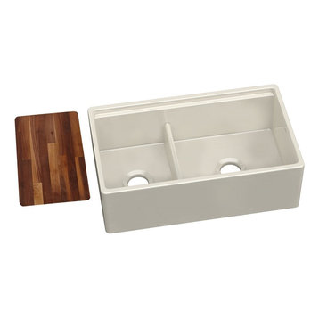 Elkay Fireclay 60/40 2-Bowl Farmhouse Sink With Aqua Divide, Biscuit