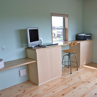 他の地域の中サイズのモダンスタイルのおしゃれなホームオフィス・仕事部屋 (緑の壁、淡色無垢フローリング、造り付け机、ベージュの床) の写真