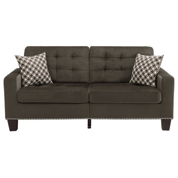 Elegant Sofa, Microfiber Upholstery With Biscuits Tufting & Nailhead, Chocolate
