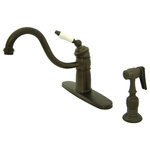 Kingston Brass - Kingston Brass Single-Handle Kitchen Faucet w/Brass Sprayer, Oil Rubbed Bronze - Victorian style Single Handle Deck Mount,2 or 4 hole Sink application, includes Solid Brass Spray, Faucet is Fabricated from solid brass material for durability and reliability, Premium color finish resist tarnishing and corrosion, 360 degree turn swivel spout, Stainless Steel ball, Joystick type control mechanism, Flexible supply lines with 1/2" - 14 NPS male threaded inlets, 1.8 GPM / 6.8 LPM Max at 60 PSI, Integrated removable aerator, 9-1/8" spout reach from faucet body, 9-1/4" overall height, Ten Year Limited Warranty to the original consumer to be free from defects in material and finish.
