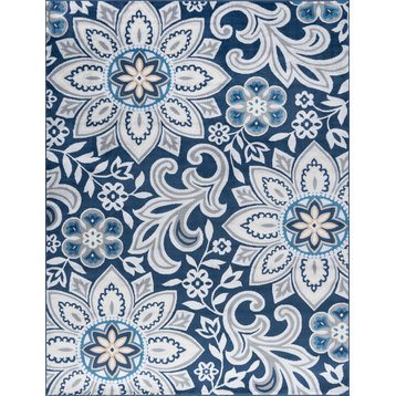 Piper Transitional Floral Navy Rectangle Area Rug, 9'x12.6'