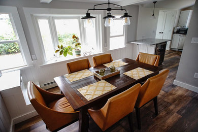 Inspiration for a small modern dark wood floor and brown floor kitchen/dining room combo remodel in Boston with gray walls