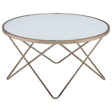 V Metal Frame Round Coffee Table, White Frosted Glass