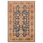 Bareens Designer Rugs - Shabby Chic Ziegler Lacey Blue/Rust Wool Rug  - 8'0'' x 9'10'' - A Persian influenced Turkish hand knotted rug made by skilled artisans capable of creating the most exceptional vegetable dyes and hand-spun New Zealand wool. This gorgeous one of a kind Peshawar Kafkaz handmade rugs is also known as a Chobi Ziegler Rug. This gorgeous rug is extremely versatile and is famous for its pleasing color palette and informal design that works in a myriad of interiors. It has been expertly hand-tied, finished, sun-dried, and can contain up to 1.5 million knots. It takes 4 skilled artisans to hand knot this rug nine to twelve months to complete this piece of art. The invigorating colors and patterns in this rug will give your home an elegant and fresh appearance. While drawing upon the coloring and patterns of antique rugs, contemporary Peshawar pieces incorporate modern design motifs and feature vibrant color tones. Give your room a luxurious look and feel with this beautiful rug with gorgeous color pallet. The intricate design allows this oriental rug to create a royal ambience in any d�cor. Hand knotted construction and natural fibers gives this rug soft feel under your feet.
