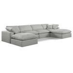 Meridian Furniture - Comfy Upholstered U-Shaped Modular Sectional, Grey, 6-Piece: 2 Armless Chair, 2 Corner Chair, 2 Ottoman, Linen Textured Fabric - Give your space a whole new look with this grey Comfy linen textured fabric sectional. This handsome sectional fits nicely with other items in the Comfy collection and is a versatile seating option designed for adaptability, comfort and style. Wrapped in rich grey durable linen textured fabric upholstery, this sectional offers a plush embrace of overstuffed down feather cushions, carefully crafted to deliver the highest level of comfort. The perfect seat for creating an oasis for relaxation, this sectional has thick foam surrounding its frame for added support and coziness.